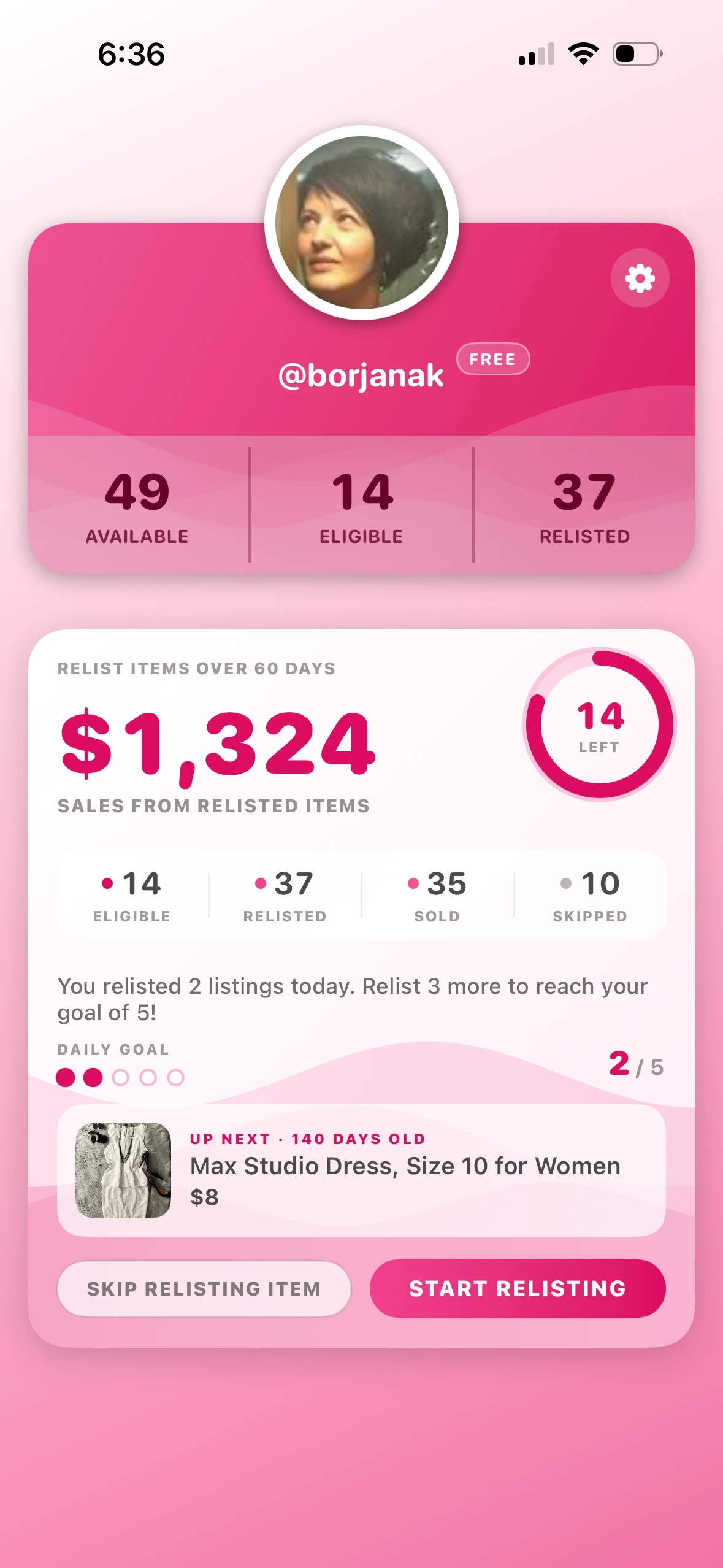 PoshRelist dashboard showing eligible listings, sales from relisted items, and daily relisting progress.
